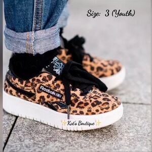 Reebok Club C Double Sneaker In Black/Brown Leopard, 3 Youth